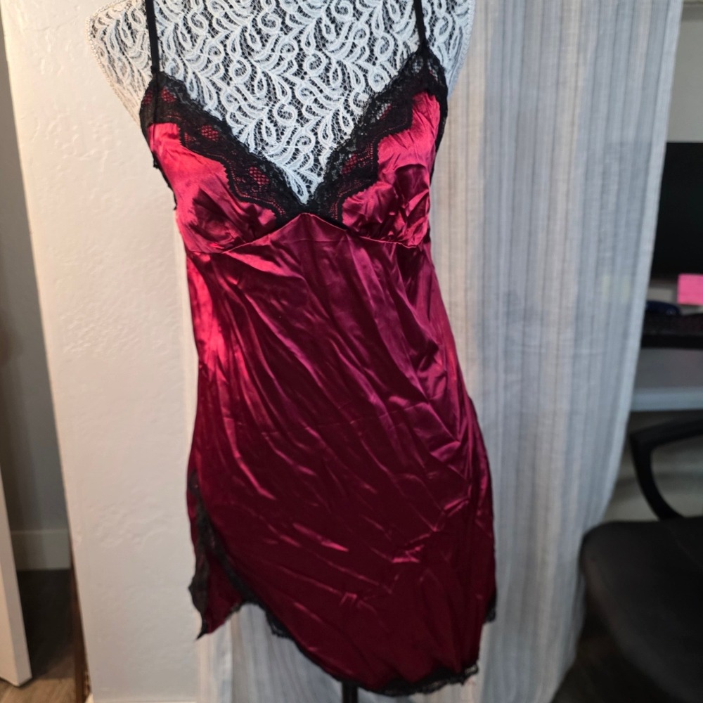 Chemise Slip Nightgown Lingerie Womens XXL Burgundy Satin Black Lace Sleepwear